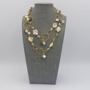Necklace Gold Toned Ring Links Mother of Pearl Brass Beads Earth Tones Shell Lon